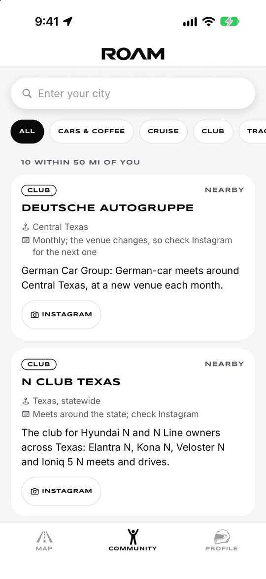 The Community tab, listing car clubs near Austin, Texas