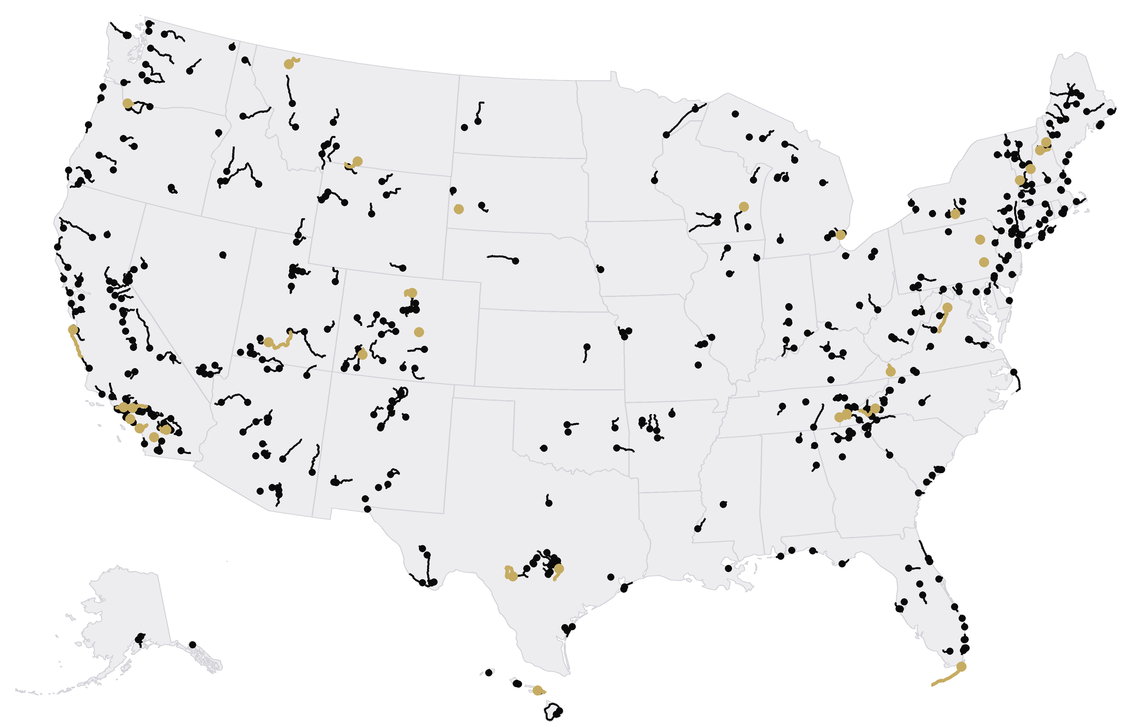 A map of the United States with every ROAM road drawn on it